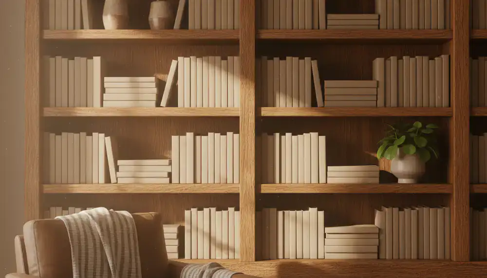 A wide view of neatly organized books on warm wooden shelves