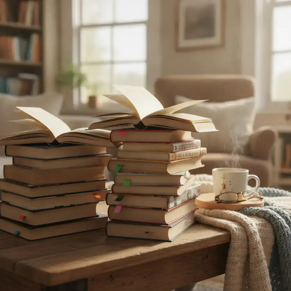 Fiction books stacked on a table